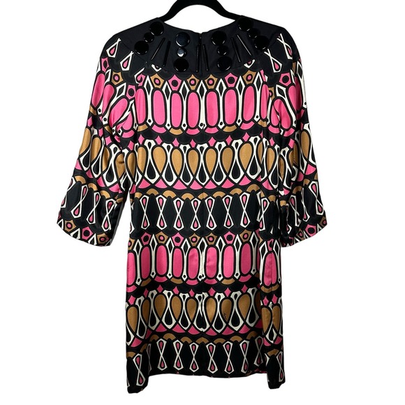 Milly of New York Size 4 100% Silk Black Pink Tan Beaded 3/4 Sleeve Dress - Picture 2 of 6